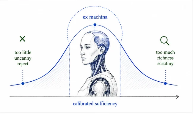 The authenticity paradox framework showing calibrated sufficiency between too little cueing and too much realism