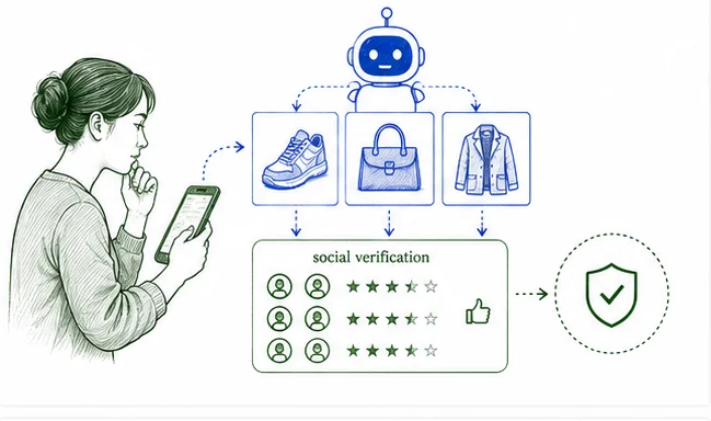 AI shopping approval legitimacy framework showing recommendations, social verification, and consumer approval