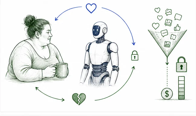 Burdenless listening framework showing companion AI, confiding, dependence, market capture, and rupture risk